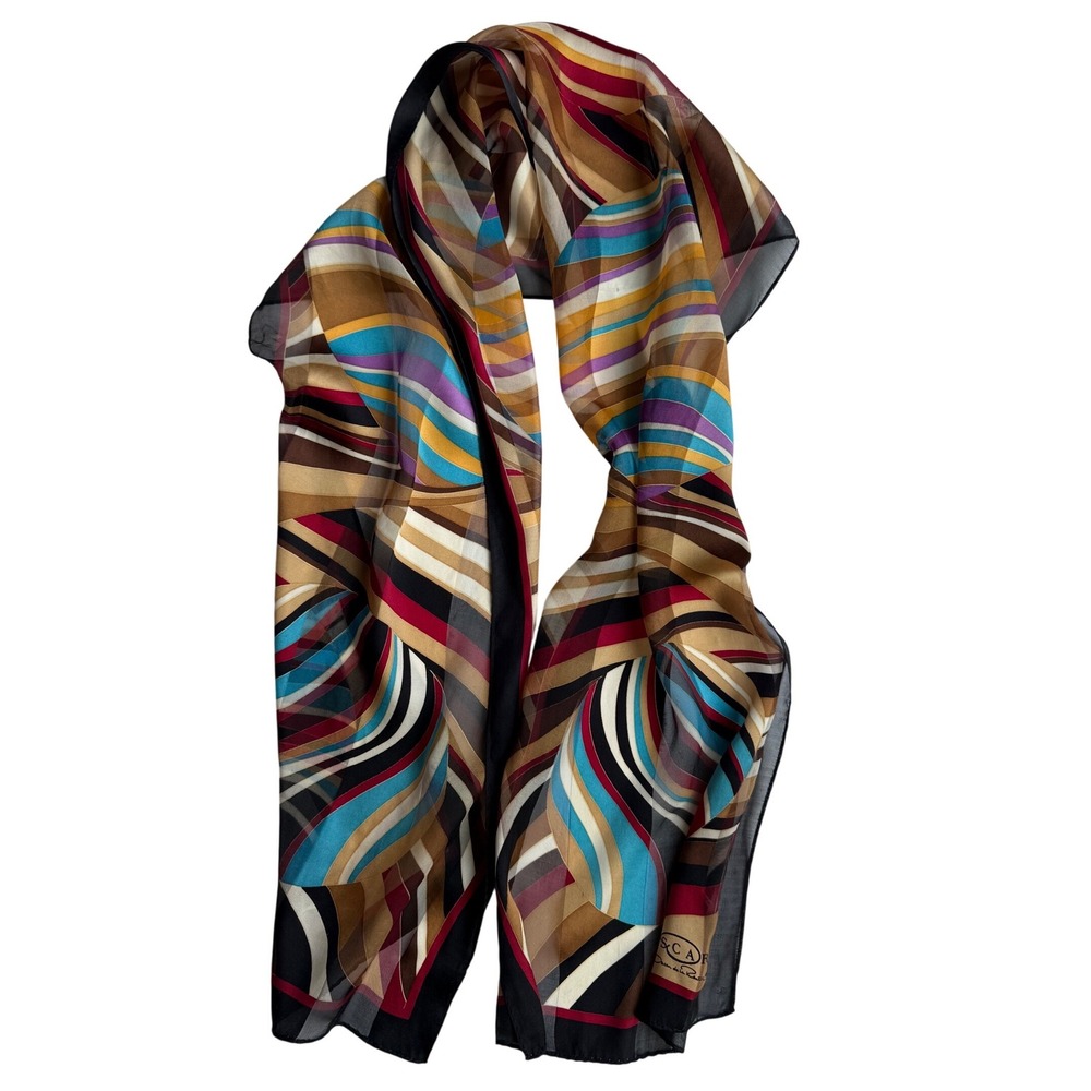 Vintage Oscar de la Renta Silk Scarf Multi Color Geometric Striped‎ Sheer